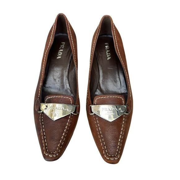 PRADA LEATHER KITTEN HEEL LOAFER PUMP BROWN SIZE 7, EURO 37.5 - Picture 1 of 10